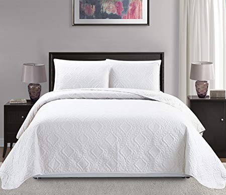 Mk Collection Full/Queen Size over size 100"x106" 3 pc Diamond Bedspread Bed-cover Embossed solid White New