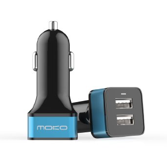 MoKo 2-Port USB Car Charger, 24W / 4.8A with Smart Charging Technology for iPhone 7 / 7 Plus / 6s / 6s Plus, iPad Pro 9.7"/ Pro 12.9"/ Mini 4 / Air 2, and More Devices, BLACK & BLUE