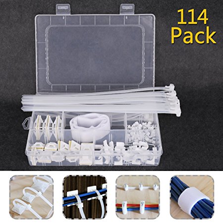 Cable Ties, 114 PCS Ethernet Cable Organizer Management for Car/Office/Home/TV -Coaxial Cable/Cord/Straps/Sleeves Carrying Case