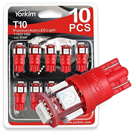 194 LED Light bulb, Yorkim® 6th Generation,12V Lights for 168, 2825,T10 5-SMD LED Bulb, Replacement and Reverse White Bulbs,Used For Signal Lights, Trunk Lights, Dashboard Lights, Parking Lights, With Great Brightness and Longer Life(Pack of 10)-Red