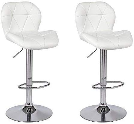 ViscoLogic Series DREAM Height Adjustable Leatherette Star Quilted Saddle Style Seat and High Back Rest 360 Swivel 24 to 33 inch Bar Stool with Chrome Pole & Base with Hard Floor Protection Plastic (Set of 2 Stools - White)