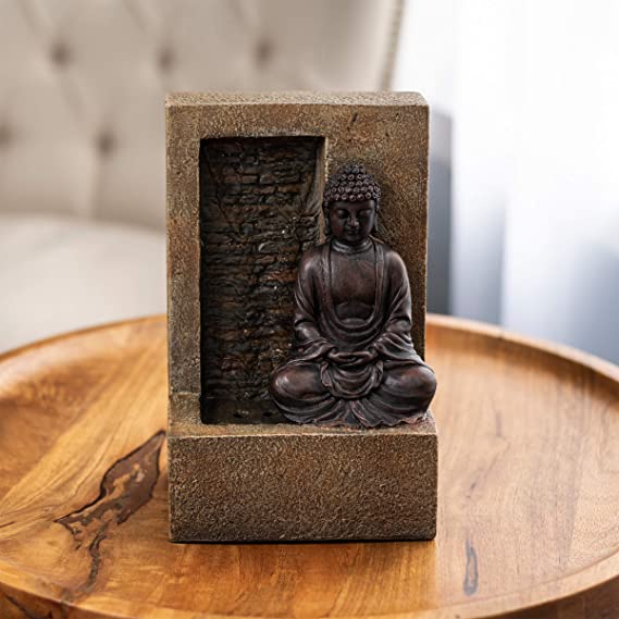 Pure Garden 50-LG5070 Tabletop Water Fountain-Sitting Buddha Statue by a Stone Wall Waterfall, Electric Pump & Soothing Sounds for Office and Home Décor