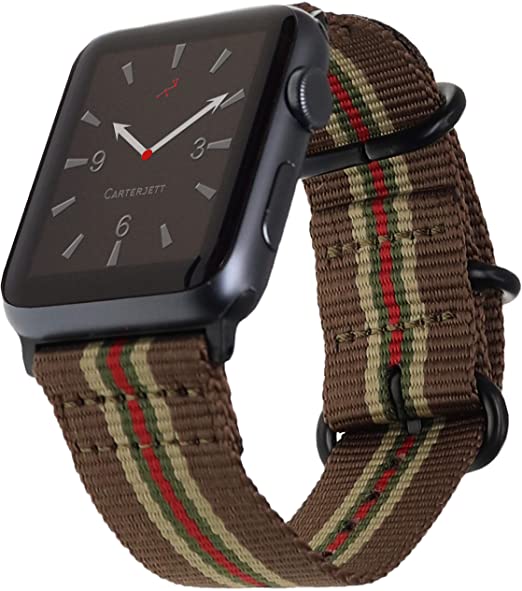 Carterjett Compatible with Apple Watch Band 42mm 44mm Nylon Vegas Stripe iWatch Bands Retro Brown Replacement Strap Durable Adapters Buckle for Series 6 5 4 3 2 1 (42 44 S/M/L Vegas Stripe)