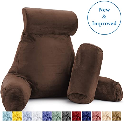 New & Improved Reading Pillow, Large Shredded Foam Reading Pillow with Detachable Neck Roll Pillow - Soft Velour Cover - Great Support for Reading, Relaxing, Watching TV - Set of 3 - Brown Chocolate