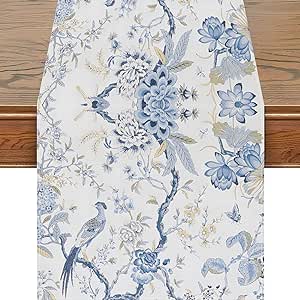 Chinoiserie Table Runner Blue White Bird Flower Table Runners Modern Elegant Pompon Farmhouse Geometric Table Center Linen Decor for Home Dining Party Entrance (13x48 Inch)