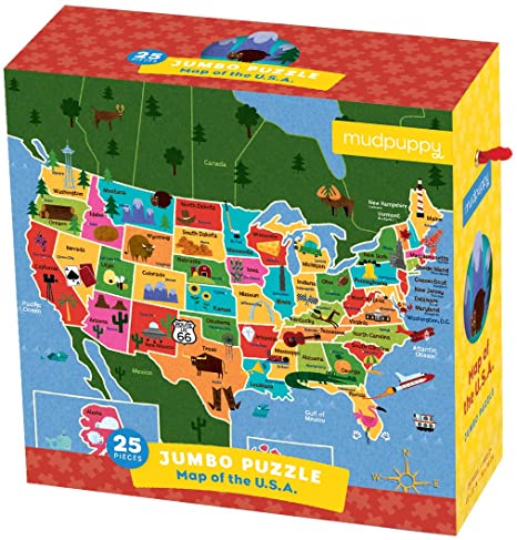 Mudpuppy Map of the U.S.A. Jumbo Puzzle, 25 Large Pieces, 22x22” – Great for Kids Age 2  - Colorful Illustrations of the U.S. States – Packaged in Convenient Drawstring Box