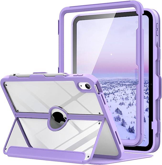 MoKo Case for iPad 10th Generation with Pencil Holder, iPad Case 10th Generation 2022 10.9 inch, Built-in Screen Protector Clear Back, Multi Angle Viewing Stand, Auto Wake/Sleep, Purple