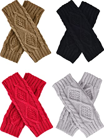 Tatuo 4 Pairs Women's Crochet Fingerless Gloves Knit Arm Warmers Sleeves Rhombus Gloves Thumb Hole Mittens