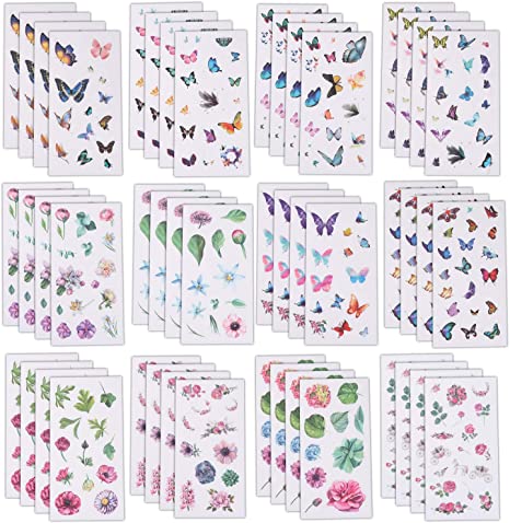 Tongnian Planner Stickers Set (48 Sheets) Flowers Butterfly Stickers Decorative Adhesive Sticker Collection for Scrapbooking, Diary, Album, Bullet Journals, Laptops, Cup, DIY Arts and Craft