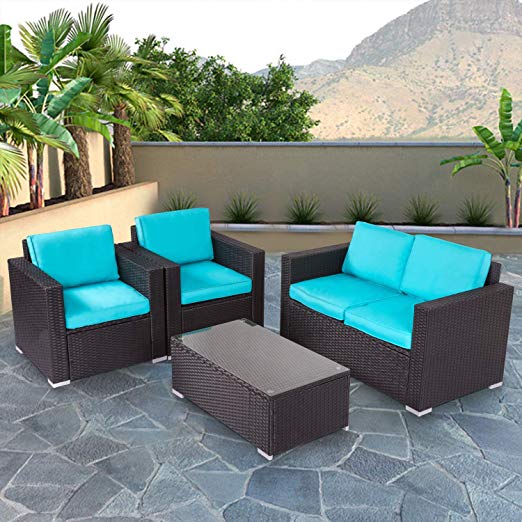 Kinbor New 4 PCs Rattan Patio Outdoor Furniture Set Garden Lawn Sofa Sectional Set Black