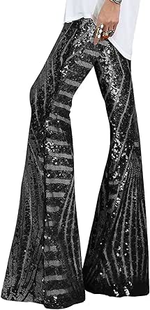 EVALESS Women Sequin Pants Sparkly Glitter High Waisted Wide Leg Flare Trousers Bell Bottom Night Out Clubwear