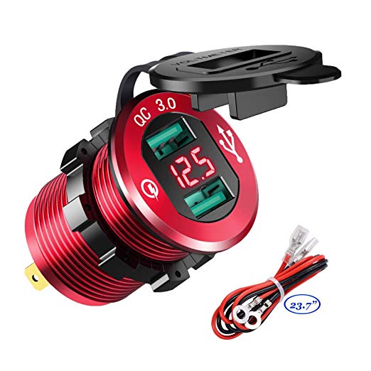 YonHan Quick Charge 3.0 Dual USB Charger Socket, Waterproof Aluminum Power Outlet Fast Charge with LED Voltmeter & Wire Fuse DIY Kit for 12V/24V Car Boat Marine ATV Bus Truck and More - Red