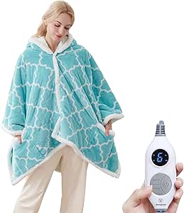 Westinghouse Heated Throw Blanket Wearable Shawl, Electric Wrap Poncho Blanket Hoodie with 6 Heating Levels & 2-10 Hours Time Settings, Winter Gifts for Mom Girlfriend Grandma, 50x60 Inch, Light Blue