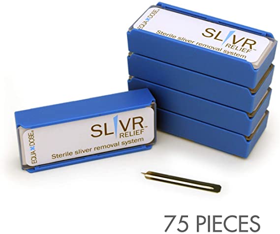 The Sterile Splinter Removal System from Slivr Relief. Safely Removes Slivers with Ease. Includes 75 Sliver Removers (5 Boxes). Assembled in USA.