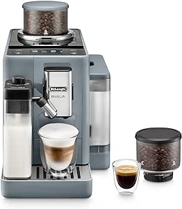 De'Longhi Rivelia EXAM440.55.G, Cafetera Superautomática con LatteCrema Hot, Espumador de Leche Automático, Tamaño Compacto, 16 Recetas, Pantalla Táctil a Color, Gris