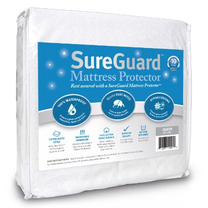 Queen Size SureGuard Mattress Protector - 100% Waterproof, Hypoallergenic - Premium Fitted Cotton Terry Cover - 10 Year Warranty