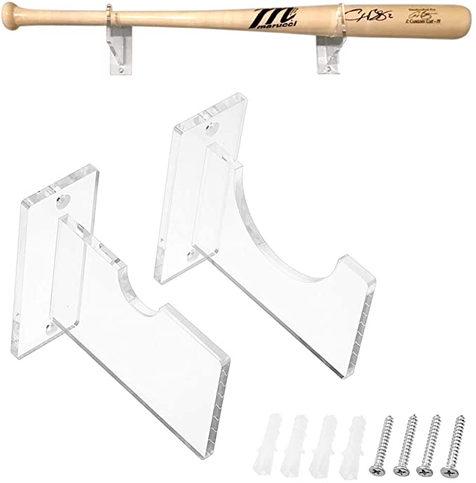 Hipiwe Clear Acrylic Baseball Bat Display Rack Holder - Horizontal Wall Mounted Baseball Bat Brackets Shelf Hanger Included Hardware,1 Pair