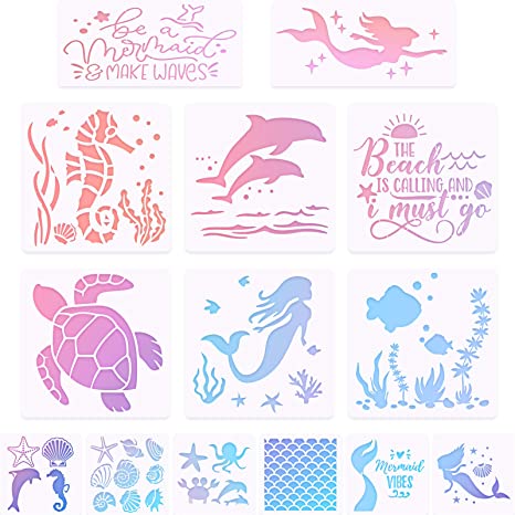 16 Pieces Sea Creatures Stencils Mermaid Sea Creatures Animals Stencils, Fish Scales, Seahorse, Jellyfish, Pearl, Shell for Arts Card Making Journaling Scrapbooking DIY Furniture Wall Floor Decor