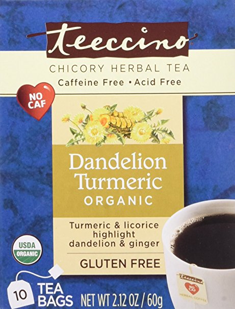 Teeccino Organic Dandelion Turmeric Herbal Tea Bags, Certified Organic, Gluten Free, Caffeine Free, Acid Free, 10 Count