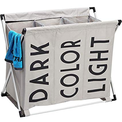 HOMEST 3 Sections Laundry Hamper Sorter Basket X-Frame 25.5''×23''H Washing Storage Dirty Clothes Bag Bathroom Bedroom Home College Use, Grey