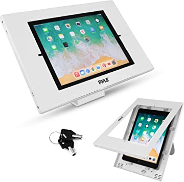 Pyle Anti Theft Tablet Security Stand - Wall/Table Mount Desktop Ipad Kiosk Stand w/Lock and Key, Restricted Pin-Hole, 90° Rotate - iPad, iPad Air, iPad Pro, Samsung Galaxy Tab A (2022) PSPADLK15