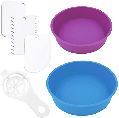 Silicone Cake Pan,Sonku Round Baking Mold 8 Inch and 6 Inch Non-Stick Bakeware Tool Set of 2 with 1 Pcs Egg Separator and 3 Pcs Cake Scrapers-Blue and Purple