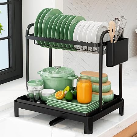 Kitsure 2 Tier Dish Drainer, Multifunctional Dish Drainer Rack, Rustproof Kitchen Dish Drying Rack with Drainboard & Utensil Holder, Space-Saving Dish Rack for Kitchen Counter X-Large