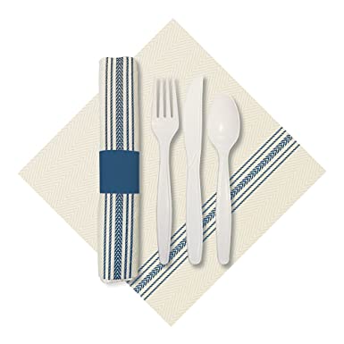 Hoffmaster 120011 Rolled Cutlery Set with Printed Dishtowel Dinner Napkin with Knife, Fork, and Spoon, White/Blue (Pack of 100)