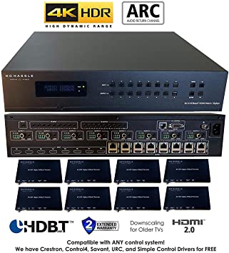 8x16 8x8 HDR 18GBPS HDbaseT 4K Matrix Switcher ARC Downscaling 16x16 with 8 Receivers HDMI 2.0a 2.0 CAT6 CAT5e HDMI HDCP2.2 Routing SPDIF Audio CONTROL4 Savant Home Automation