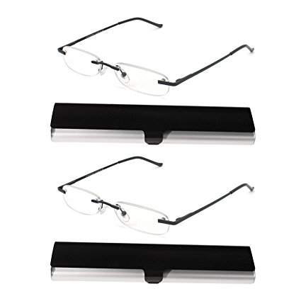 EYE-ZOOM 2 Pack Metal Rimless Reading Glasses with Spring Hinge Lightweight Slim Black and Silvery Aluminum Case Reader for Comfort Fit Men and Women Choose Your Magnification  1.00
