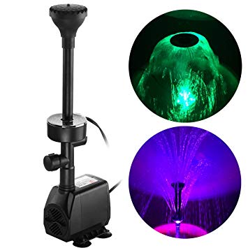 YADICO 730GPH (2800L/H, 110V/55W) Submersible Pump Fountain with RGB Color Changing Ring Lighting Water Fountain Spray Nozzles Kit multiple Decoration for garden pond indoor and outdoor landscape