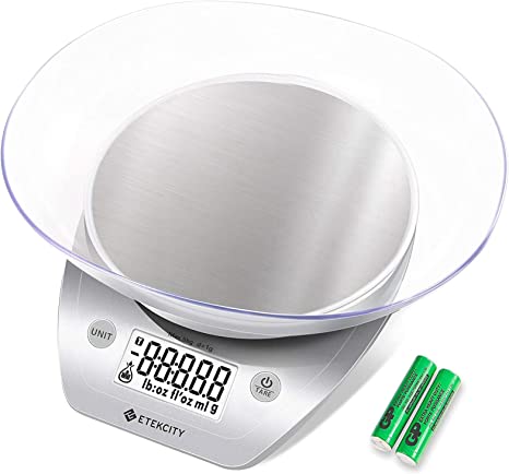 Etekcity 0.1g Food Kitchen Scale, Bowl, Digital Grams and Ounces for Weight Loss, Dieting, Baking, Cooking, and Meal Prep, 11lb/5kg, Stainless Steel Silver