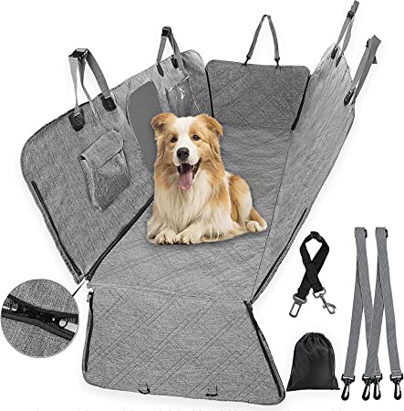 JCHOPE Dog Car Seat Cover for Back Seat with 2-Way Zippers, 100% Waterproof & Wearproof Cationic Fabric Dog Back Seat Cover with Mesh Window Multi-pocket, Non-Slip Sturdy Dog Hammock for Car SUV Truck