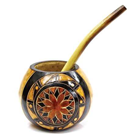 Tealyra - Hand Made Carved - Yerba Mate Gourd and Bamboo Bombilla Straw - Made in Argentina - Traditional Drinking Gourd - Authentic Argentinian Mate Cup (#1606)