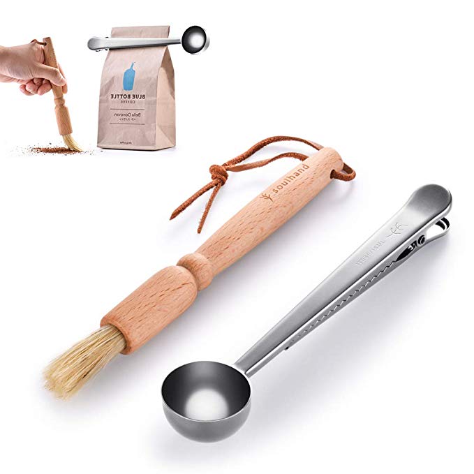 Soulhand Coffee Scoop with Clip,Grinder Cleaning Brush Stainless Steel Coffee Scoop, Natural Bristles & beechwood Espresso brush Accessories for Barista（Silver）