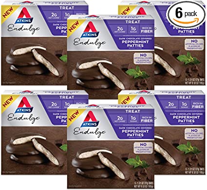 Atkins Endulge Treat Dark Chocolate Covered Peppermint Patties, Keto Friendly and Gluten Free, (Each 5 Count of 1.31 oz Bars) 6.53 oz, Pack of 6