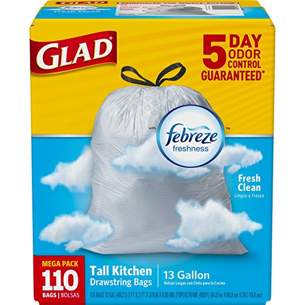 Glad OdorShield Tall Kitchen Drawstring Trash Bags - Febreze Fresh Clean - 13 Gallon - 110 Count