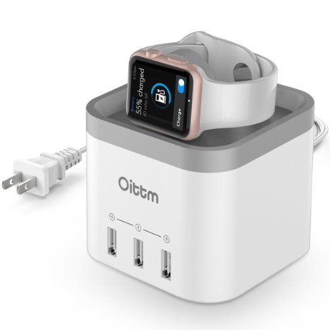 Oittm Apple Watch Stand 2 in 1 4 Ports USB 30 Hub Desktop Smart Charging Station USB Wall Charger with Intelligent Auto Detect Technology for iPhone iPad Samsung and More White