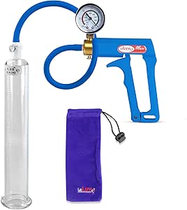 LeLuv Premium Penis Pump - Maxi Blue Uncollapsible Silicone Hose - plus Vacuum Gauge - 9" Untapered Length x 1.35" Diameter Round-Flange Cylinder