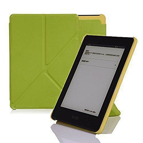 Amazon Kindle Voyage Case Cover, Leather Origami Stand, Book Folio Style, Secured with Magnetic Closure, Front Lid Attaches to the Back By Magnets, Rubberized Hard Back Shell Cover, with Smart Auto Sleep / Wake up Function, Ultra Slim and Light Weight, Thin, Green Yellow, Designed and Manufactured By Nouske Only