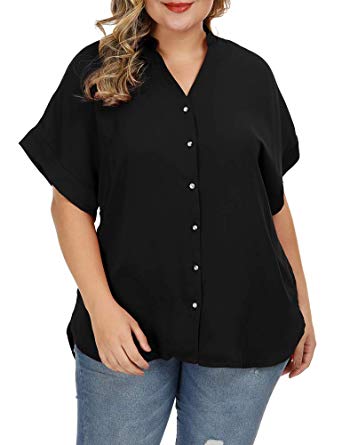 Allegrace Women's Plus Size Button Down Blouses Short Sleeve Loose Blouse Top Summer Casual T Shirt