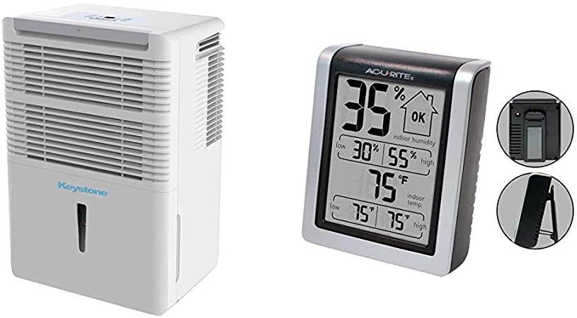Keystone 22-Pint Dehumidifier with Electronic Controls in White, 30 & AcuRite 00613 Digital Hygrometer & Indoor Thermometer Pre-Calibrated Humidity Gauge, 3" H x 2.5" W x 1.3" D