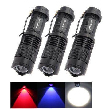 Fsmart® 3 Pieces 1 Pack (Red Blue White Light Each)7W 300LM Mini Flashlight CREE Q5 Led Torch Adjustable Focus Zoom Light Lamp