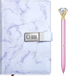 Zonon Diary with Lock Marble PU Leather A5 Journal Combination Lock Secret Personal with Diamond Pen(Purple,1 Pcs)