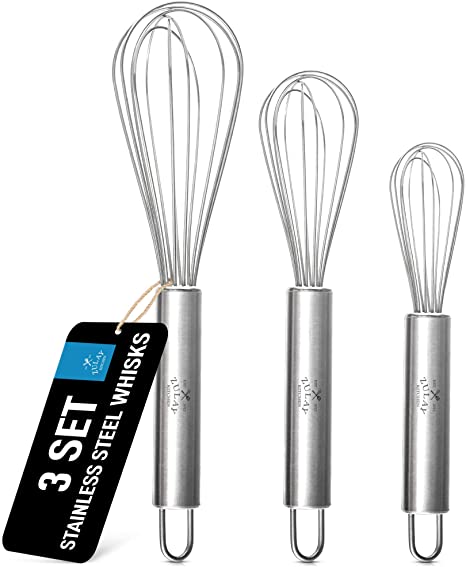 Zulay (3 Pack) Stainless Steel Whisk Set 8" 10" 12" - Sturdy 7 Wire Whisks For Cooking & Baking - Kitchen Utensil Wisk For Blending, Stirring, Whisking, and Beating Eggs, Batter, Sauces & More