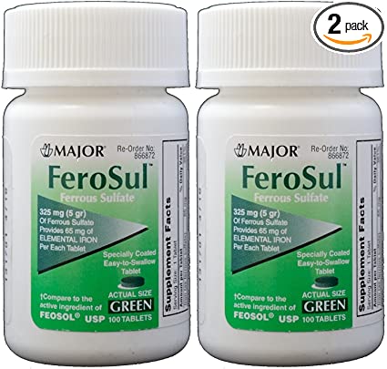 Major Pharmaceutical Ferosul Ferrous Sulfate 325mg (5 gr), Iron Supplement, 100 Count Green Tablet (2 Pack)
