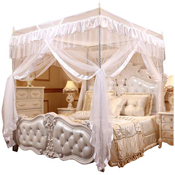 Mengersi Princess 4 Corners Post Bed Curtain Canopy Mosquito Netting (White, Twin)