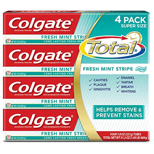 Colgate Total Mint Stripe Gel Toothpaste 7.8 Oz Tube (Pack of 4)