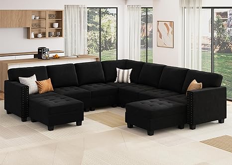HONBAY Velvet Convertible Sectional Couch, U Shaped Sectional Sofa with Chaise Modular Sectional with Storage Ottoman Corner Couch for Living Room, Black