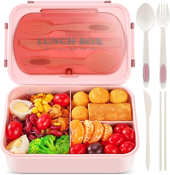 Bento Lunch Box for Kids and Adults with 3 Compartment Leak Proof Lunch Boxes for Men Women Food Containers with Spoon Fork Knife Chopsticks - 1400 ML (Pink)